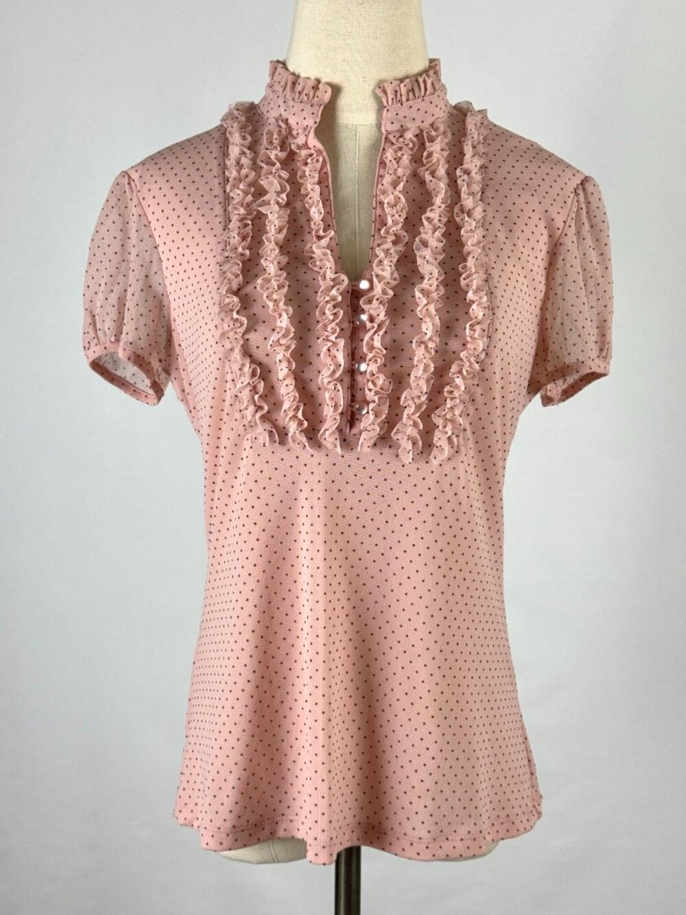 Vtg Y2K INC Pastel Pink & Black Polka Dot Ruffle Mesh Top Coquette Career Office